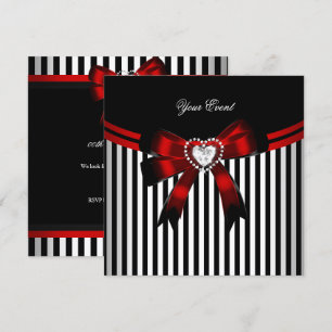 Invitación Elegante Fiesta de Cumpleaños con Rayas Rojas Negr
