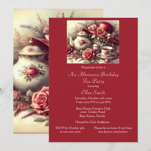 Invitación Elegante fiesta de cumpleaños con té rosa roja  (Anverso / Reverso)
