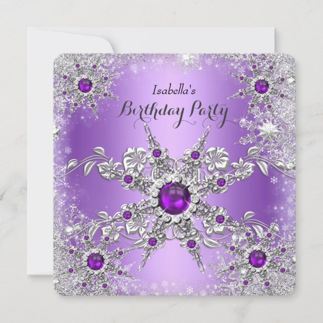 Invitación Elegante Fiesta de Cumpleaños Copo de Nieve Lila P (Anverso)