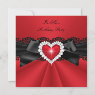 Invitación Elegante Fiesta de Cumpleaños Corazón Negro Rojo