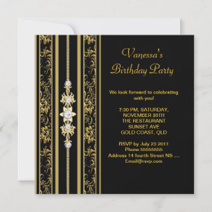Invitación Elegante Fiesta de Cumpleaños Damasco Dorado Negro