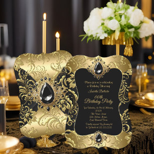 Invitación Elegante fiesta de cumpleaños damasco negro dorado