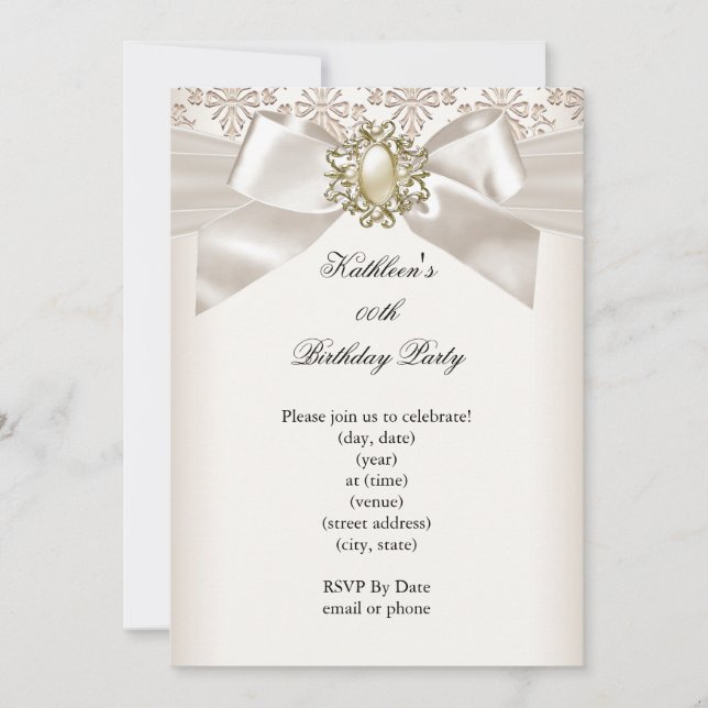 Invitación Elegante Fiesta de Cumpleaños Damasco Perla Crema  (Anverso)