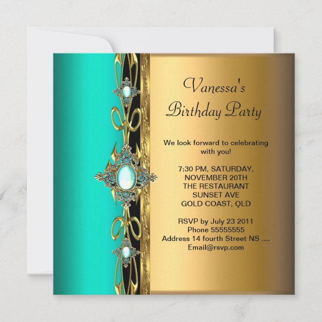 Invitación Elegante fiesta de cumpleaños Damasco Verde azulad (Anverso)