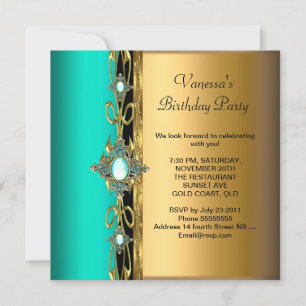 Invitación Elegante fiesta de cumpleaños Damasco Verde azulad