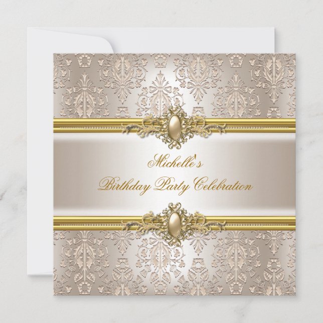 Invitación Elegante fiesta de cumpleaños Damask Cream Gold Pe (Anverso)