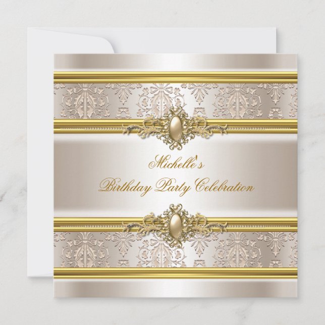 Invitación Elegante fiesta de cumpleaños Damask Cream Gold Pe (Anverso)