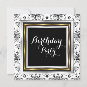 Invitación Elegante Fiesta de Cumpleaños Damask Dorado Negro 