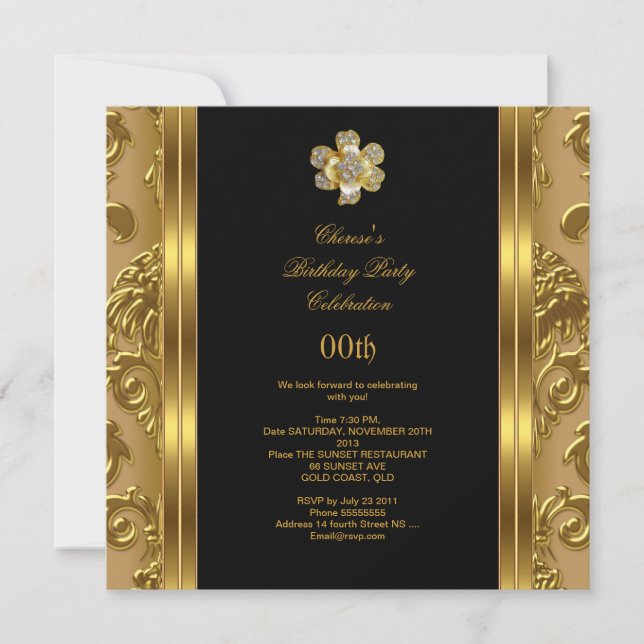 Invitación Elegante fiesta de cumpleaños Damask Gold Diamond  (Anverso)