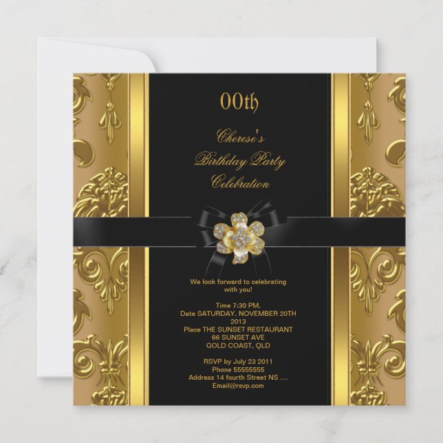 Invitación Elegante fiesta de cumpleaños Damask Gold Diamond  (Anverso)
