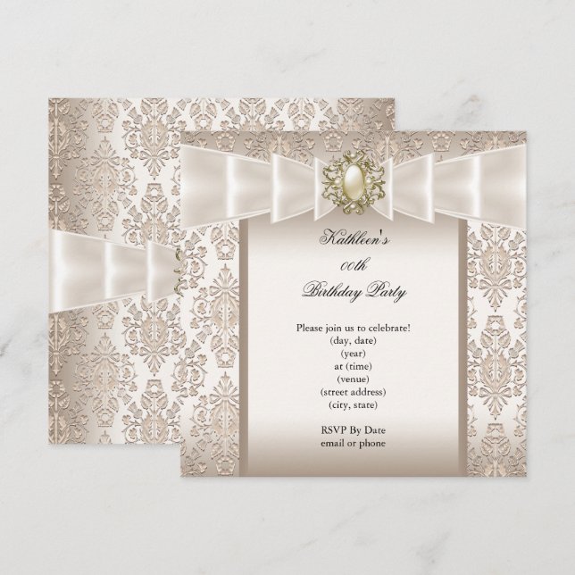 Invitación Elegante fiesta de cumpleaños Damask Perla Crema (Anverso / Reverso)