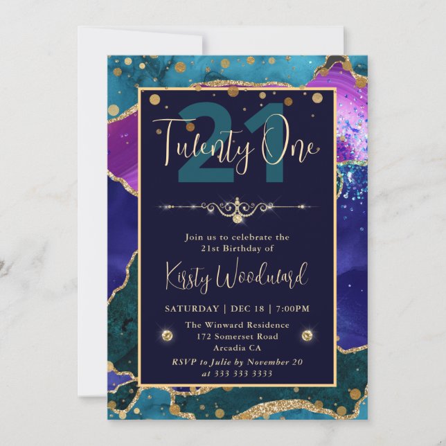 Invitación Elegante fiesta de cumpleaños de Agata de pavo rea (Anverso)