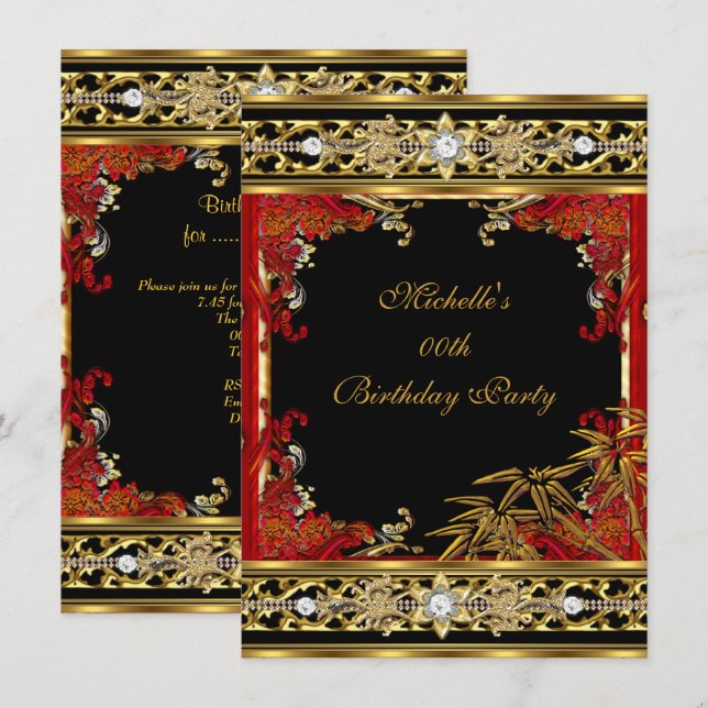 Invitación Elegante Fiesta de Cumpleaños de Bambú Dorado Rojo (Anverso / Reverso)