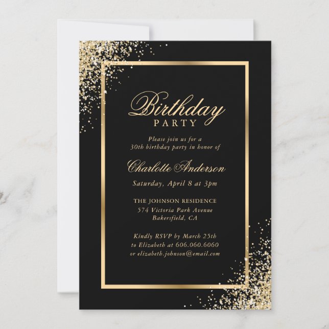 Invitación Elegante fiesta de cumpleaños de Black Gold Confet (Anverso)
