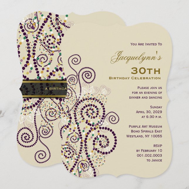 Invitación Elegante fiesta de cumpleaños de Boho Purple Spira (Anverso / Reverso)