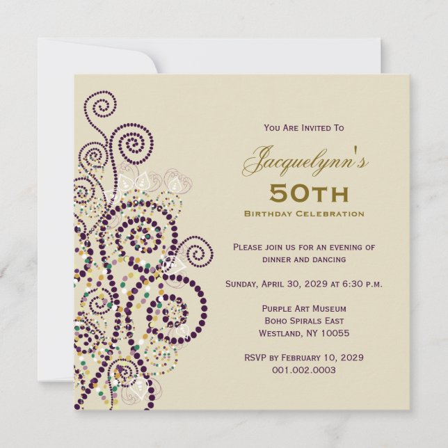 Invitación Elegante fiesta de cumpleaños de Boho Purple Spira (Anverso)