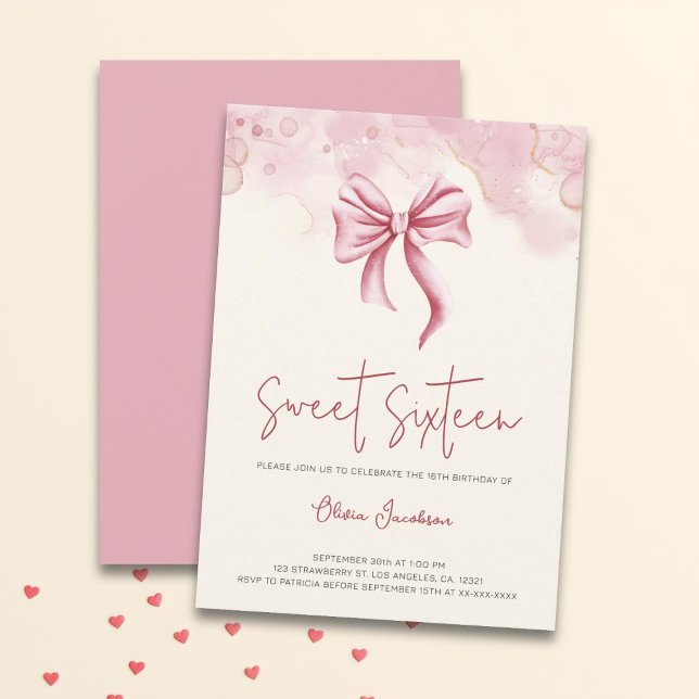 Invitación Elegante fiesta de cumpleaños de Bow Rosa Dulce (Subido por el creador)