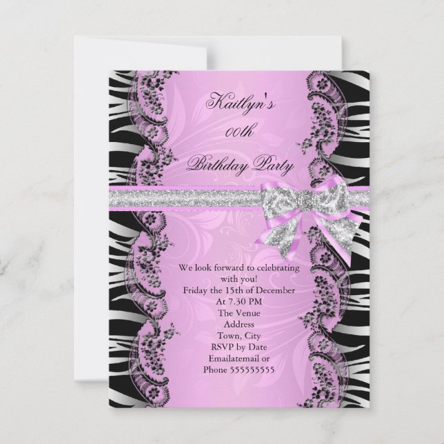 Invitación Elegante fiesta de cumpleaños de cebra negra rosa (Anverso)