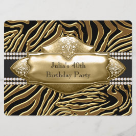 Invitación Elegante fiesta de cumpleaños de cebra negra y dor