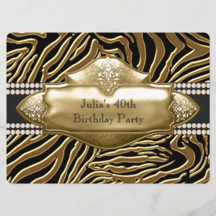 Invitación Elegante fiesta de cumpleaños de cebra negra y dor