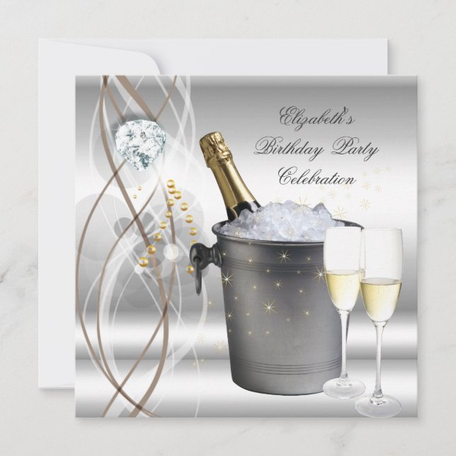 Invitación Elegante Fiesta de Cumpleaños de Champán de Oro Pl (Anverso)