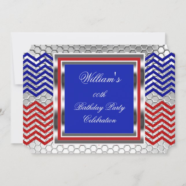 Invitación Elegante fiesta de cumpleaños de Chevron Red Blue  (Anverso)