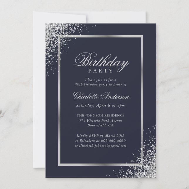 Invitación Elegante fiesta de cumpleaños de Confetti de Plata (Anverso)