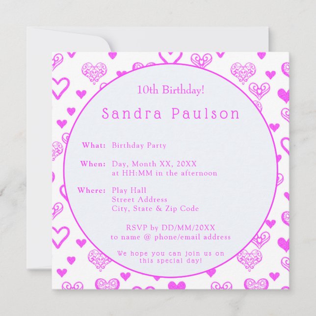Invitación Elegante fiesta de cumpleaños de corazones rosados (Anverso)