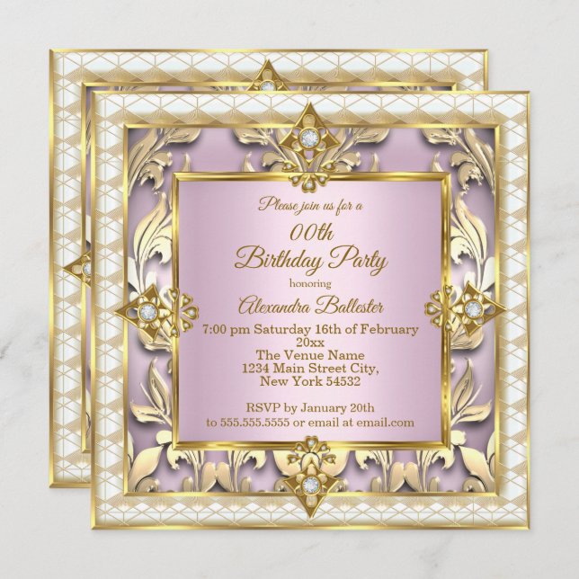 Invitación Elegante fiesta de cumpleaños de crema de oro rosa (Anverso / Reverso)