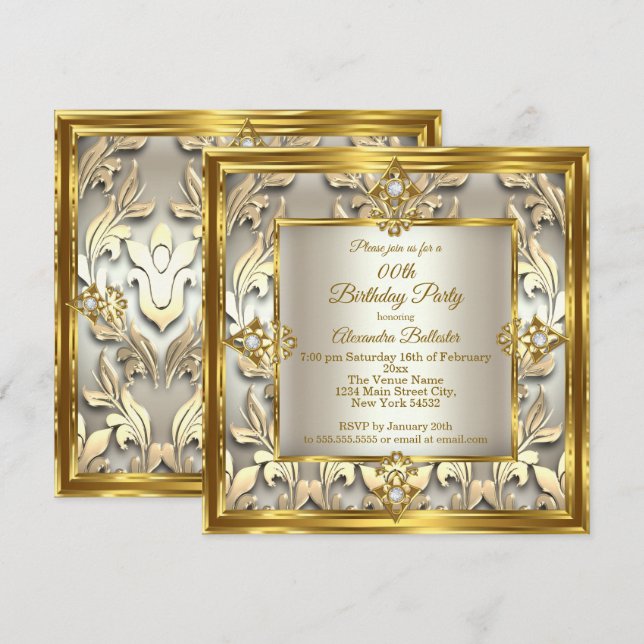 Invitación Elegante fiesta de cumpleaños de crema dorada beig (Anverso / Reverso)