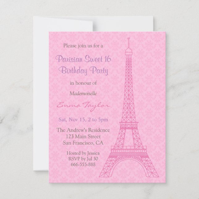 Invitación Elegante fiesta de cumpleaños de Damask Eiffel Tow (Anverso)