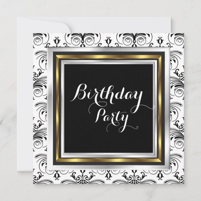 Invitación Elegante fiesta de cumpleaños de Damask Gold Black (Anverso)