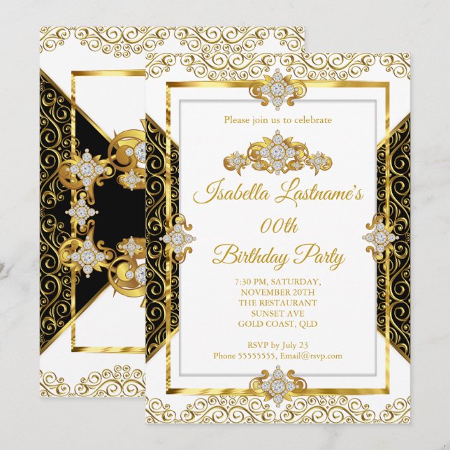 Invitación Elegante fiesta de cumpleaños de Damask Gold White (Anverso / Reverso)
