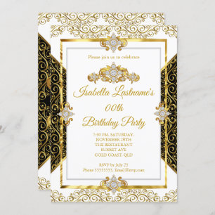 Invitación Elegante fiesta de cumpleaños de Damask Gold White
