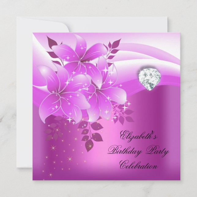 Invitación Elegante fiesta de cumpleaños de diamantes de flor (Anverso)