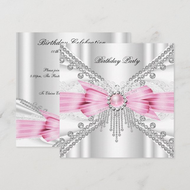 Invitación Elegante fiesta de cumpleaños de diamantes rosados (Anverso / Reverso)