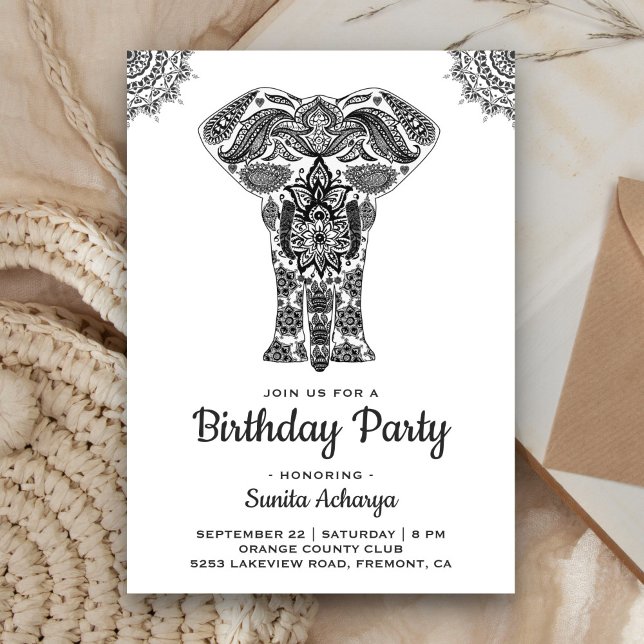 Invitación Elegante fiesta de cumpleaños de elefante con henn (Subido por el creador)