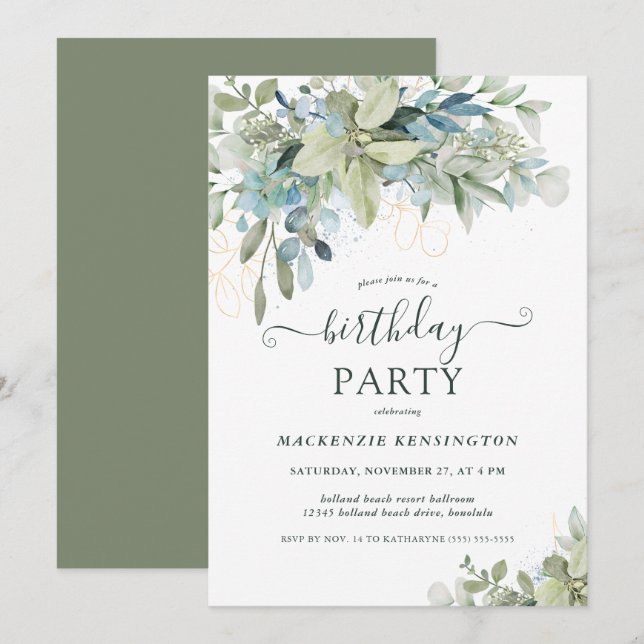 Invitación Elegante fiesta de cumpleaños de Eucalyptus Greene (Anverso / Reverso)