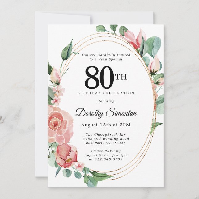 Invitación Elegante fiesta de cumpleaños de Floral Rosa 80 (Anverso)