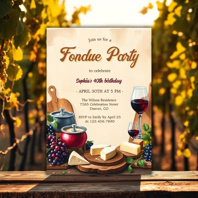 Invitación Elegante fiesta de cumpleaños de Fondue de vino de (Elegant Cheese and Wine Fondue Birthday Party Invitation)