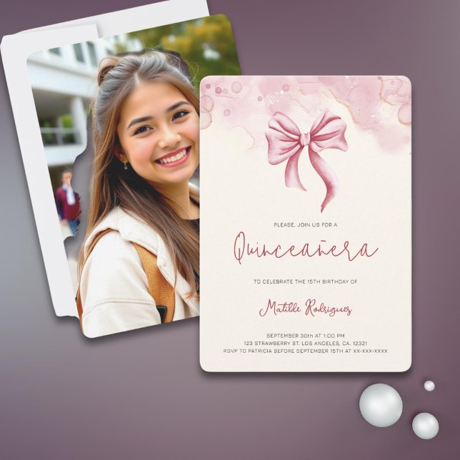 Invitación Elegante fiesta de cumpleaños de foto de Bow Quinc (Subido por el creador)