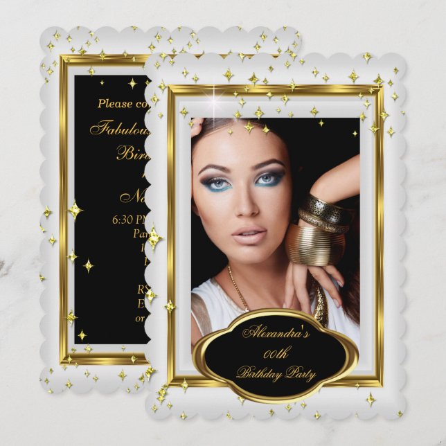 Invitación Elegante Fiesta de Cumpleaños de Foto de Oro Blanc (Anverso / Reverso)