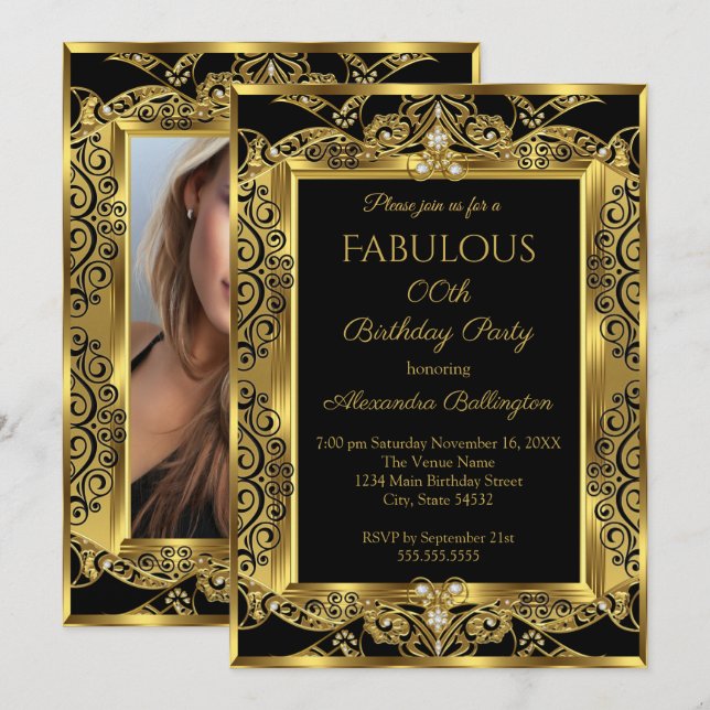 Invitación Elegante fiesta de cumpleaños de foto de oro Damas (Anverso / Reverso)
