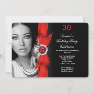 Invitación Elegante fiesta de cumpleaños de foto negro rojo p