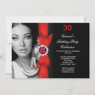 Invitación Elegante fiesta de cumpleaños de foto negro rojo p