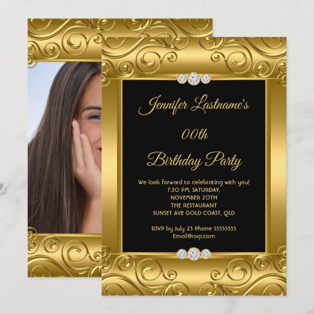 Invitación Elegante fiesta de cumpleaños de fotos de damasco  (Anverso / Reverso)