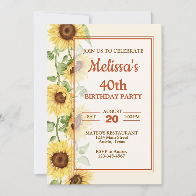 Invitación Elegante fiesta de cumpleaños de girasol (Anverso)