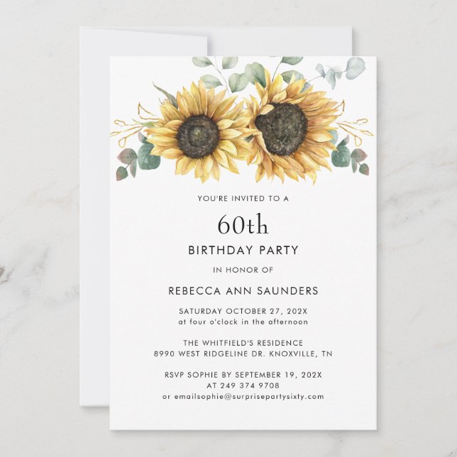 Invitación Elegante fiesta de cumpleaños de girasol floral 60 (Anverso)