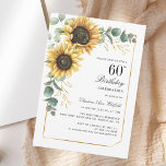 Invitación Elegante fiesta de cumpleaños de girasol floral 60<br><div class="desc">Eucalyptus Sunflower Floral Script 60th Birthday Invitation puede personalizar fácilmente con los detalles de su fiesta haciendo clic en el botón "Personalizar". Con flores y vegetación de color amarillo brillante,  suculento con un marco geométrico y una tipografía moderna.</div>