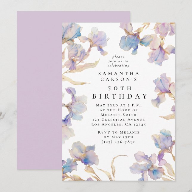 Invitación Elegante fiesta de cumpleaños de Iris Floral Water (Anverso / Reverso)